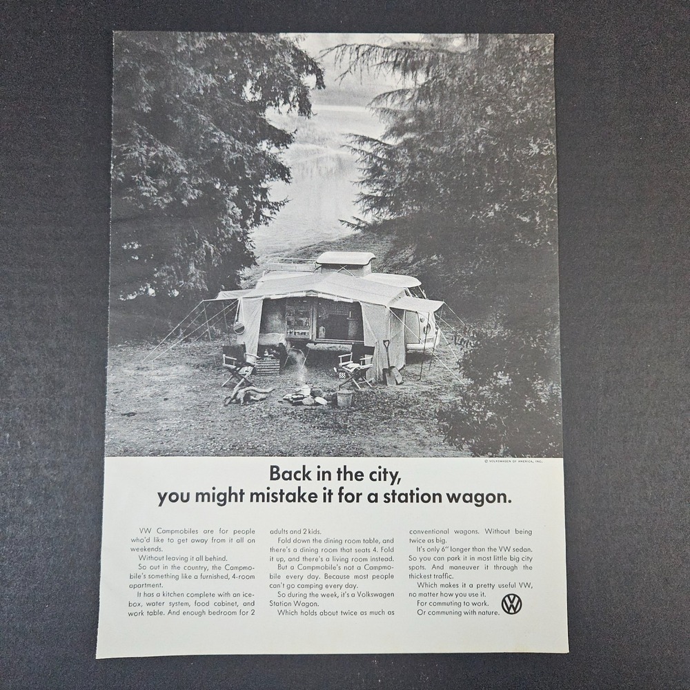 1967 Volkswagen VW Campmobile Vintage Print Ad Nature Outdoors Camping Fishing